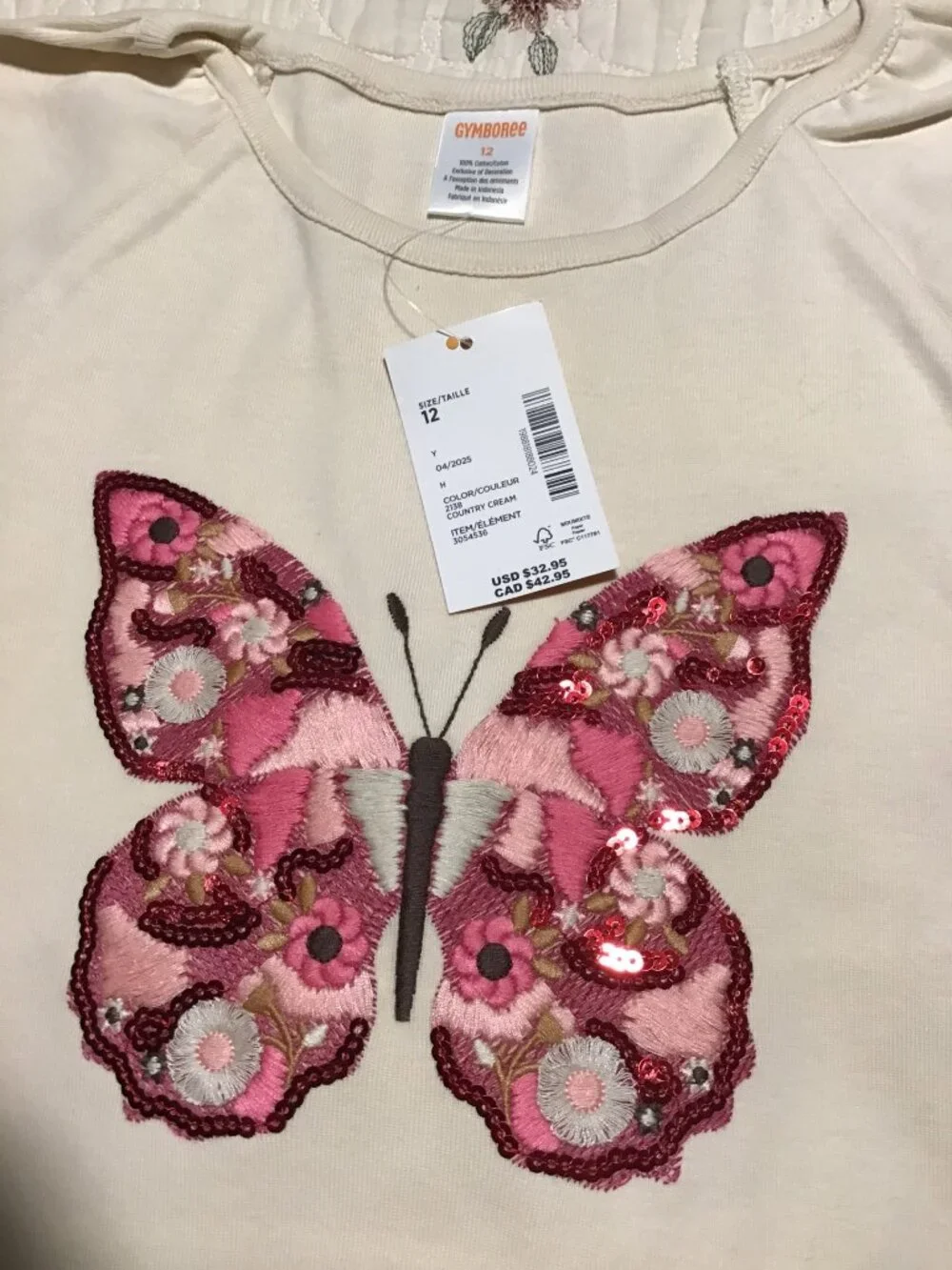 2 NWT Gymboree Girl's Size 12 Tops--Embroidered Cream Butterfly & White SS Tops